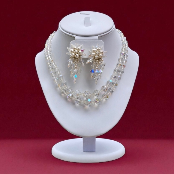 Vintage Crystal Necklace and Crystal Fuax Pearl Earrings Jewelry Set - Picture 1 of 17